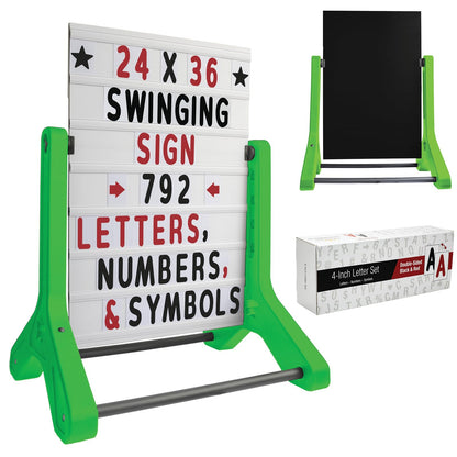 Swinging Changeable Message Sidewalk Sign: 24" x 36" Sign with 792 Pre-Cut Double Sided Letters and Storage Box. Includes Black Board & Letter Board (Black Color Legs)