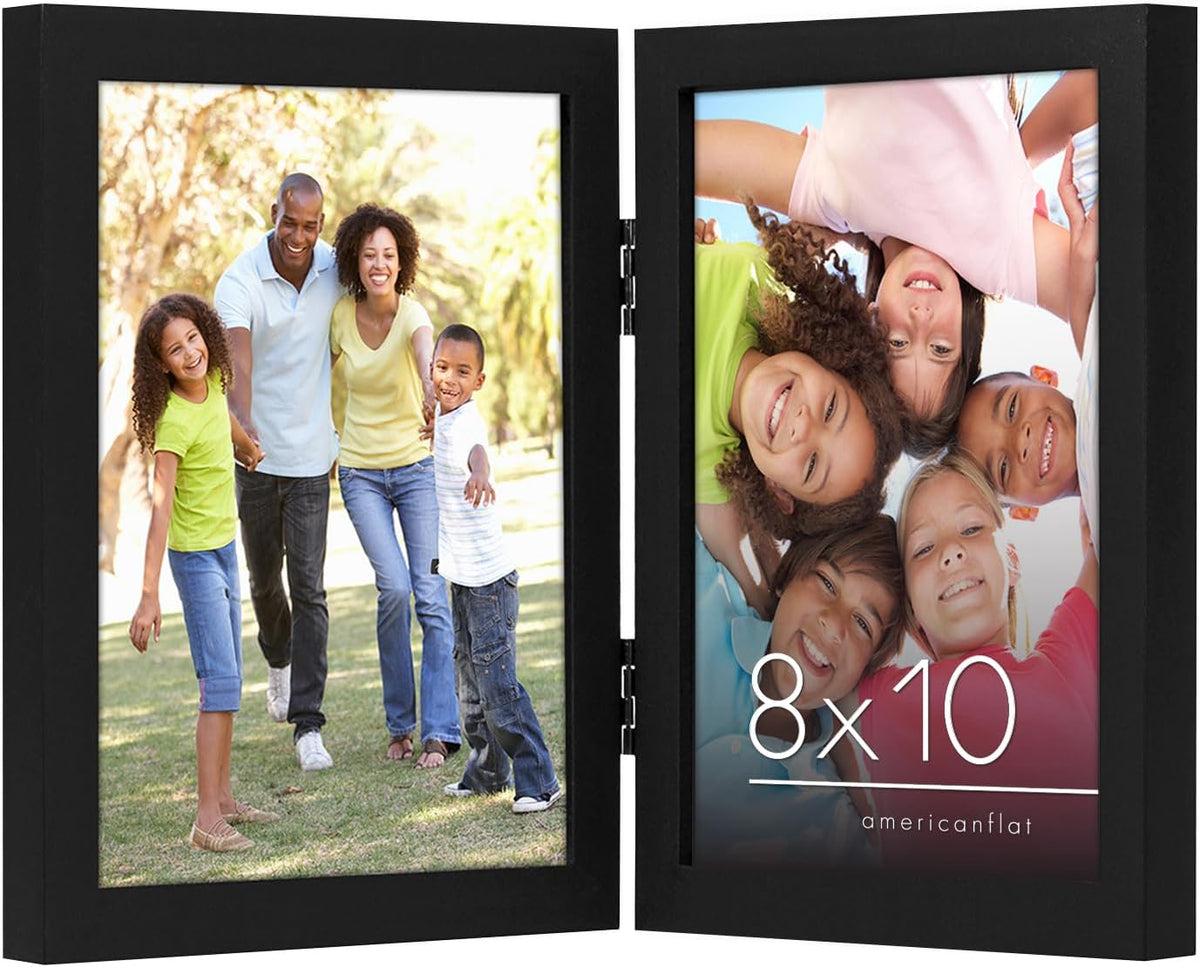 Americanflat Hinged 8x10 Picture Frame with Shatter-Resistant Glass - Double Picture Frames with Engineered Wood - Signature Collection - Photo Frame for Tabletop Display - Black