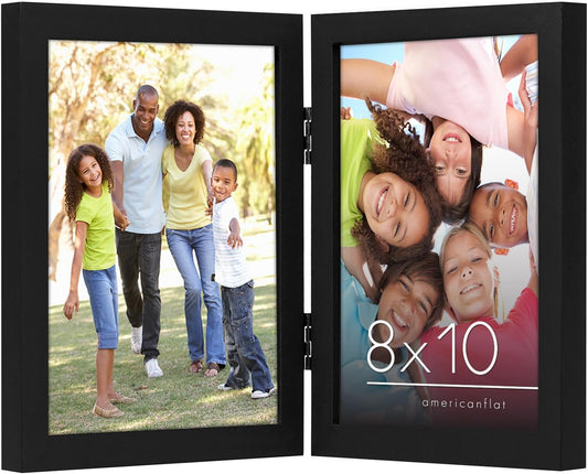 Americanflat Hinged 8x10 Picture Frame with Shatter-Resistant Glass - Double Picture Frames with Engineered Wood - Signature Collection - Photo Frame for Tabletop Display - Black