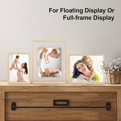 Egofine 5x7 Floating Frames Set of 2, Double Plexiglass Picture Frame, Made of Solid Wood Display Any Size Photo up to 5x7, Wall Mount or Tabletop Standing, Natural Wood