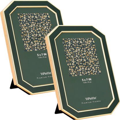 YiPinYin 5x7''Jasper Green Enamel Picture Frames with Gold-Plated Metal Frame Design,HD-Real Glass & Velvet Back,for Countertop,Tabletop Display,Bookshelf,Wall Décor