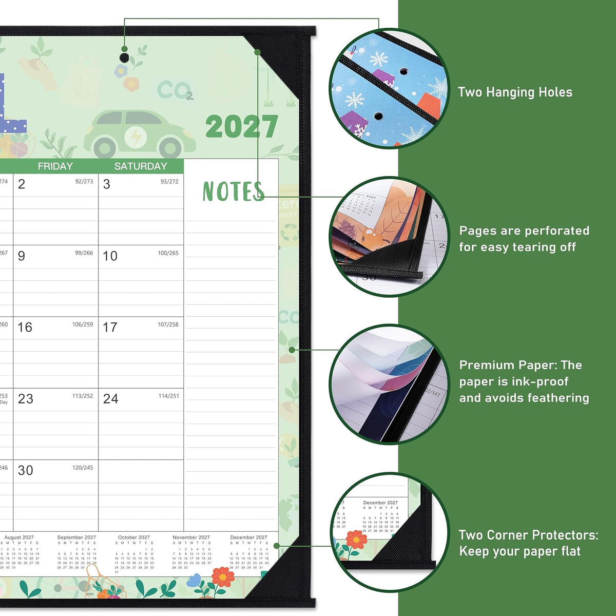 2027 Desk Calendar - Large Desk Calendar 2027, 22" x 17", Jan. 2027 - Dec. 2027, Desk Calendars Large, 12 Months, Corner Protectors, Hanging Holes, Notes - 12 Themes