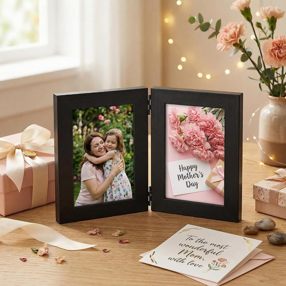 Lyeasw 3.5x5 Picture Frame Double Hinged, Classic Two Opening 3.5 by 5 Family Dual Photo Frame with Glass, Black Folding Free-Standing Vertical Frame for Tabletop,Desktop or Shelf