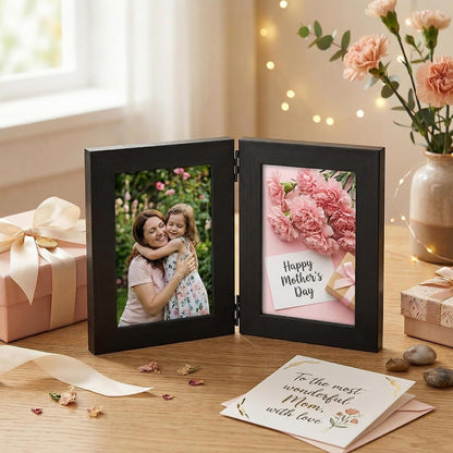 Lyeasw 3.5x5 Picture Frame Double Hinged, Classic Two Opening 3.5 by 5 Family Dual Photo Frame with Glass, Black Folding Free-Standing Vertical Frame for Tabletop,Desktop or Shelf