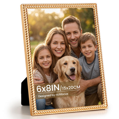 RICHFOCUS Zinc Alloy Gold Wave Design Picture Frame, 4x6 Metal Photo Frame with Mat for 3.5x5, Black Velvet Back & Real Glass Front, Display for Desktop & Wall Hanging Vertically or Horizontally