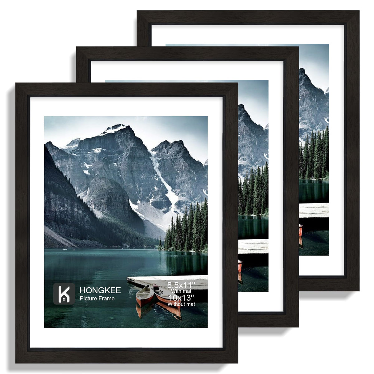Hongkee 12x12 White Picture Frames Set of 3, Real Glass, Wood Frame,Mat 8x8
