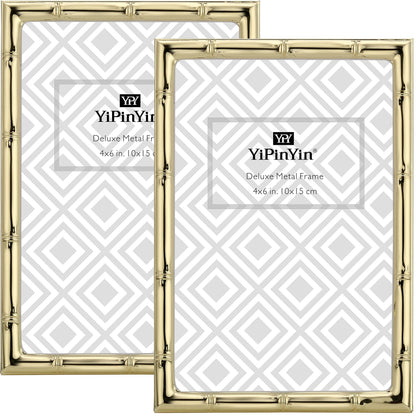 4x6'' Bamboo Detail Double Photo Frames,Silver 6x4'' Double Metal Picture Frames,Elegant Silver Plated Photo Frames 4 x 6'' With Soft Touch Velvet Backing and Real Glass for Desktop and Shelf Decor