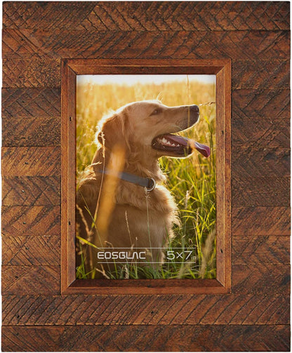 Eosglac Wooden 5x7 inch Picture Frame, Wood Plank Design with Rustic Brown Finish, Wall Mounting or Tabletop Display, Handmade Photo Frame
