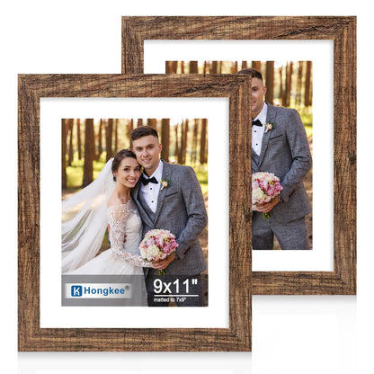 Hongkee 8x11 Picture Frame Set of 2, Real Glass, Rustic Brown Wood Frame