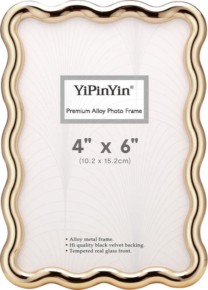 YiPinYin 4x6‘’ Gold Picture Frames Set of 2,High-End Heavy Duty Zinc Alloy Photo Frames with Wave Design,Velvet Backing, Dual Use for Desktop Display & Wall Hanging