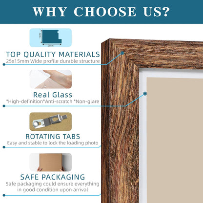 Hongkee 8x11 Picture Frame Set of 2, Real Glass, Rustic Brown Wood Frame