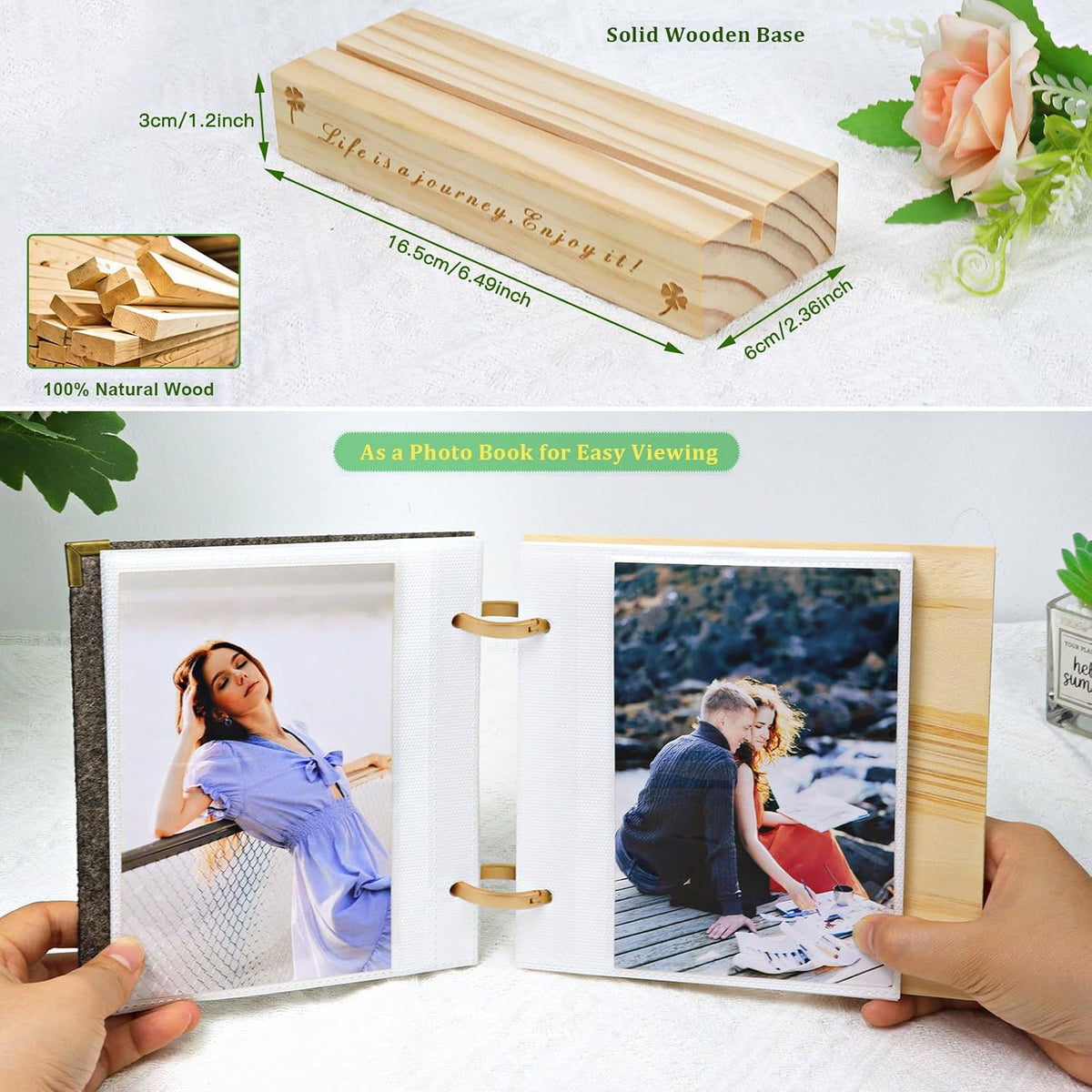 ZEEYUAN 60 Pockets of 4x6 Flip Photo Album on Stand Wooden 4x6 Photo Frame Desktop Photo Album