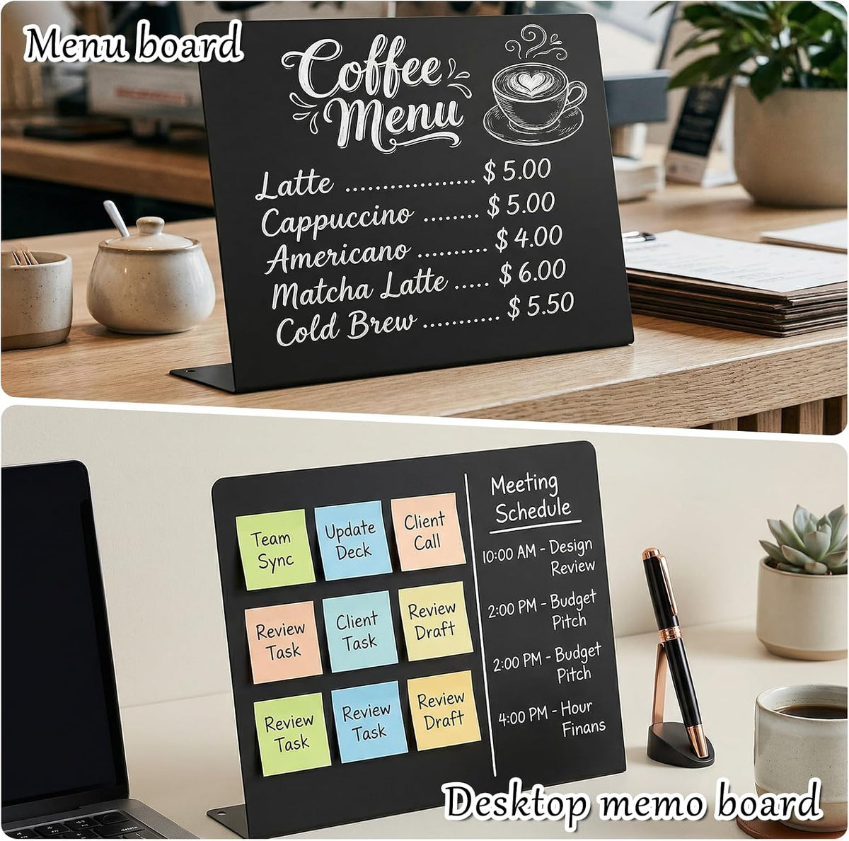 2 Pcs Black Magnetic Board, 16 x 12 Inch Magnet Board with Stand Metal Tabletop Memo Boards for Menu, Notes, Photos, School, Home, Office