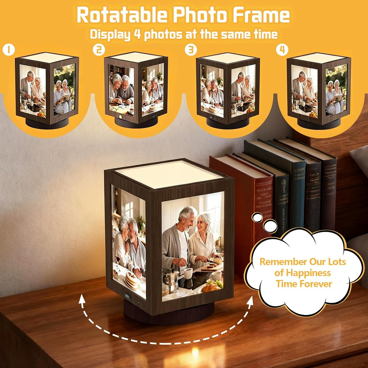 Mixoo 4x6 Picture Frame Light, Vintage Rotating Photo Frame Tabletop Lamp, Touch Desk Lamp for Bedroom Bedside, Table lamps for Office Family Retirement Anniversary Birthday Gifts (Wooden Brown)