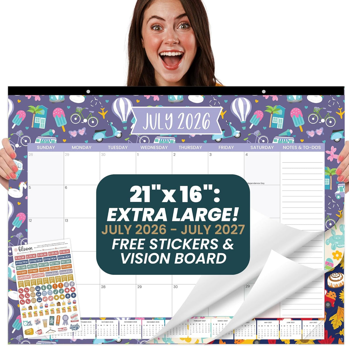 bloom daily planners Desk Calendar 2026-2027 - Academic Year Large Wall Calendar (July 2026 - July 2027) - 21” x 16” Desktop & Hanging Monthly Planner with Stickers for Home or Office - Holiday Icons
