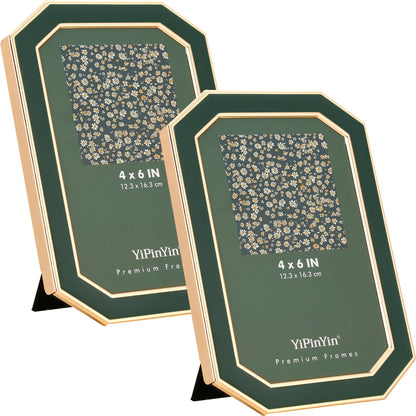 YiPinYin 5x7''Jasper Green Enamel Picture Frames with Gold-Plated Metal Frame Design,HD-Real Glass & Velvet Back,for Countertop,Tabletop Display,Bookshelf,Wall Décor