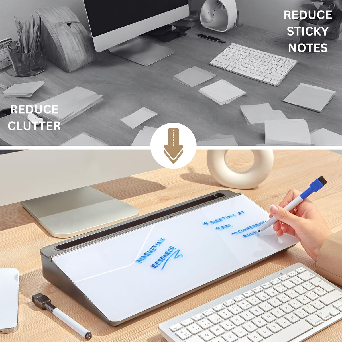 GAROOD Desktop Dry Erase Board with Storage (Black Base) Desk White Board Desk Board Glass Desktop White Board with Stand Home Office Organizer Phone Holder 15.8X7X2 inches