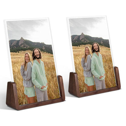 4x6 Picture Frame - 2 Pack, Rustic Wooden Photo Frame with Walnut Wood Base and High Definition Acrylic Glass Covers for Tabletop or Desktop Display (4x6 inch, Horizontal + Vertical)