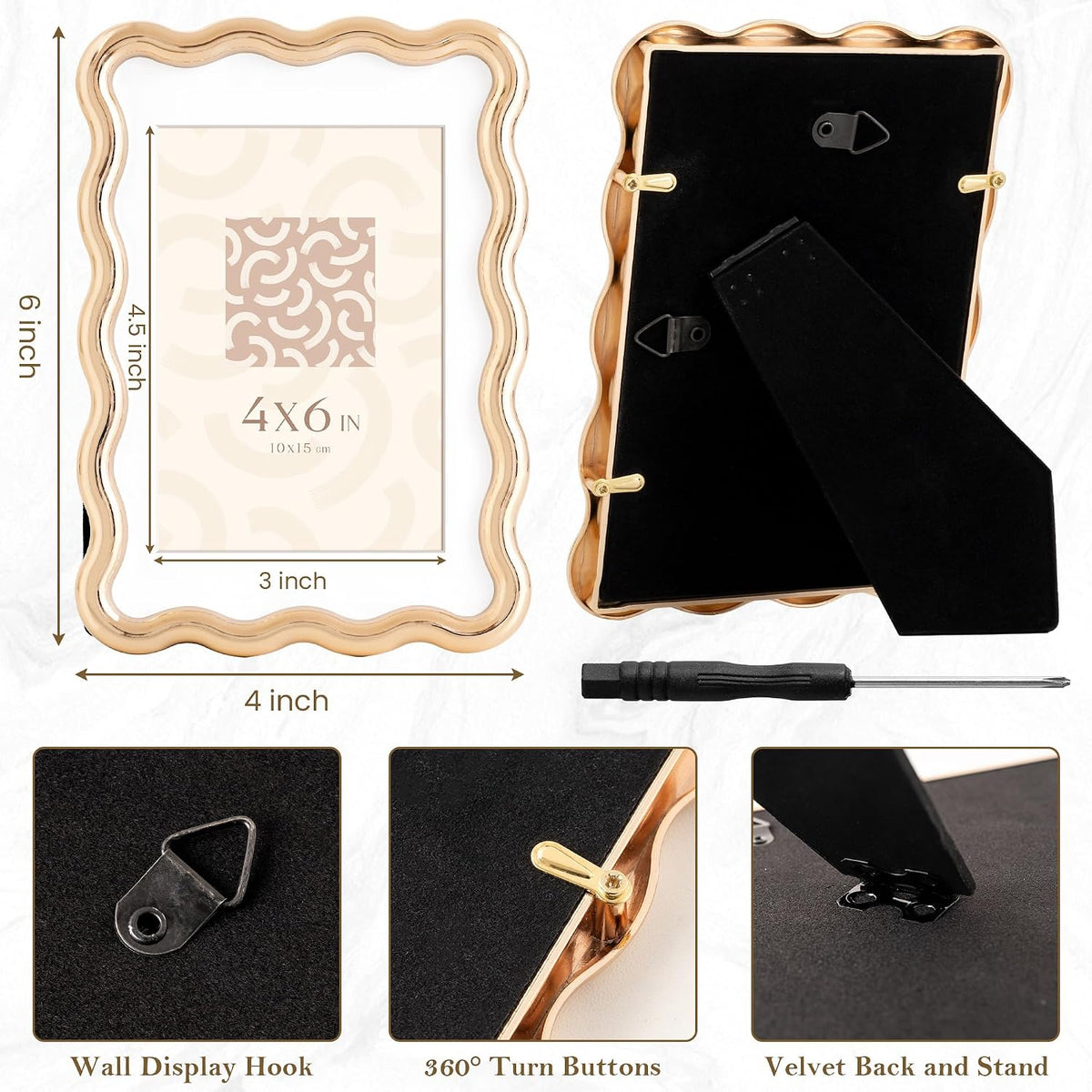 RICHFOCUS Zinc Alloy Gold Wave Design Picture Frame, 4x6 Metal Photo Frame with Mat for 3.5x5, Black Velvet Back & Real Glass Front, Display for Desktop & Wall Hanging Vertically or Horizontally