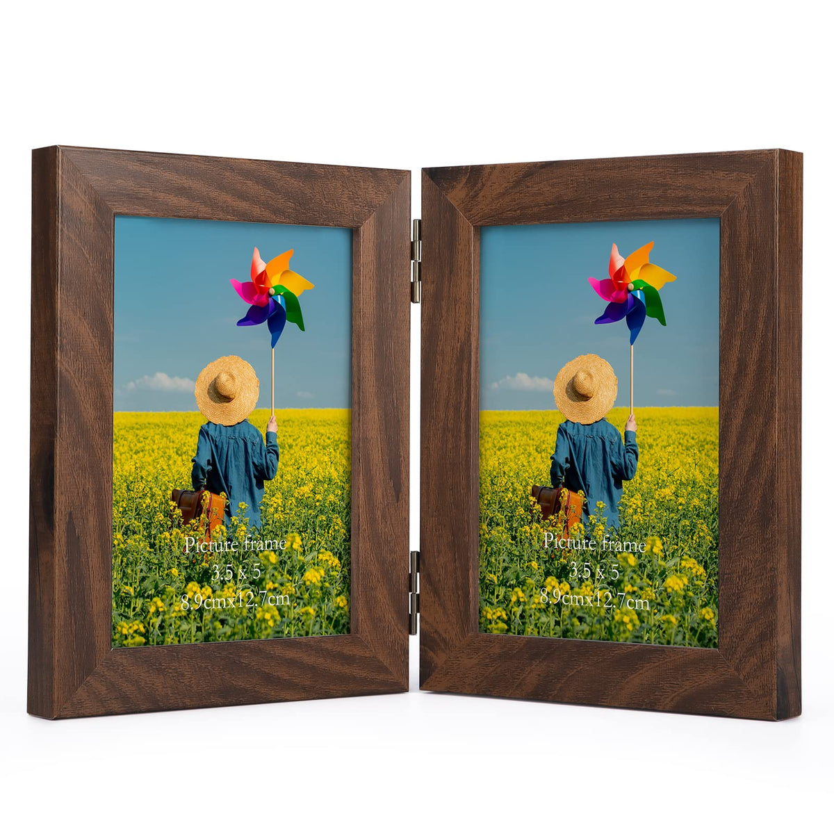 Lyeasw 3.5x5 Picture Frame Double Hinged, Classic Two Opening 3.5 by 5 Family Dual Photo Frame with Glass, Black Folding Free-Standing Vertical Frame for Tabletop,Desktop or Shelf