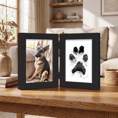 Lyeasw 3.5x5 Picture Frame Double Hinged, Classic Two Opening 3.5 by 5 Family Dual Photo Frame with Glass, Black Folding Free-Standing Vertical Frame for Tabletop,Desktop or Shelf