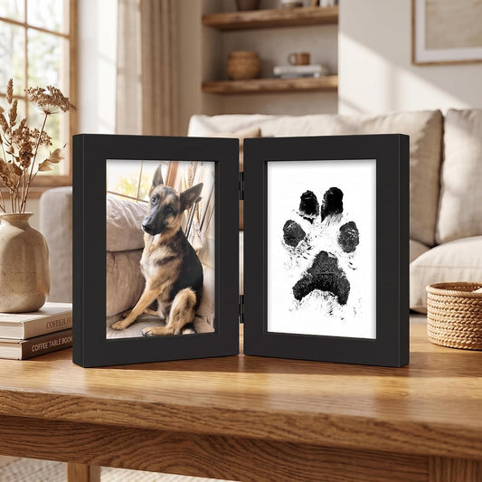 Lyeasw 3.5x5 Picture Frame Double Hinged, Classic Two Opening 3.5 by 5 Family Dual Photo Frame with Glass, Black Folding Free-Standing Vertical Frame for Tabletop,Desktop or Shelf