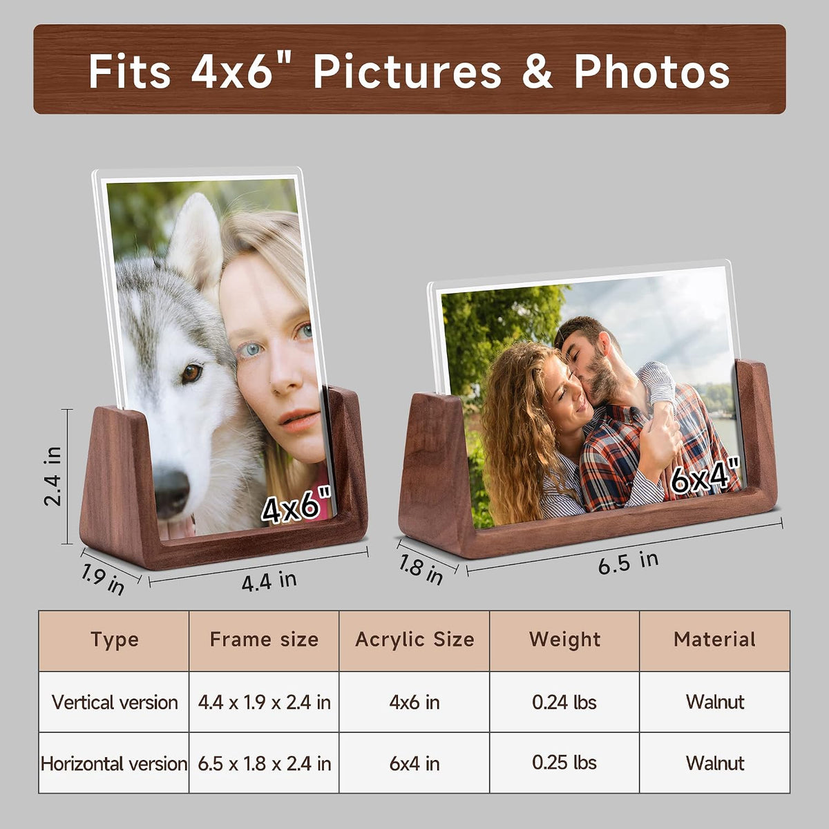 4x6 Picture Frame - 2 Pack, Rustic Wooden Photo Frame with Walnut Wood Base and High Definition Acrylic Glass Covers for Tabletop or Desktop Display (4x6 inch, Horizontal + Vertical)