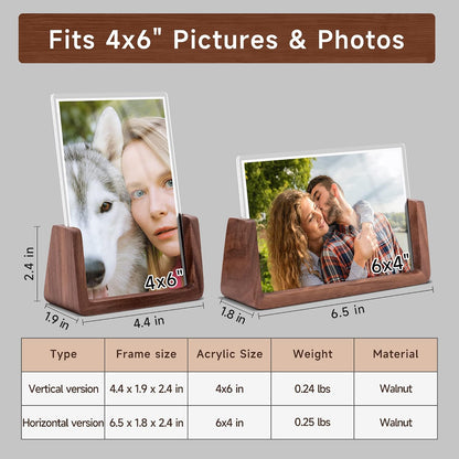 4x6 Picture Frame - 2 Pack, Rustic Wooden Photo Frame with Walnut Wood Base and High Definition Acrylic Glass Covers for Tabletop or Desktop Display (4x6 inch, Horizontal + Vertical)