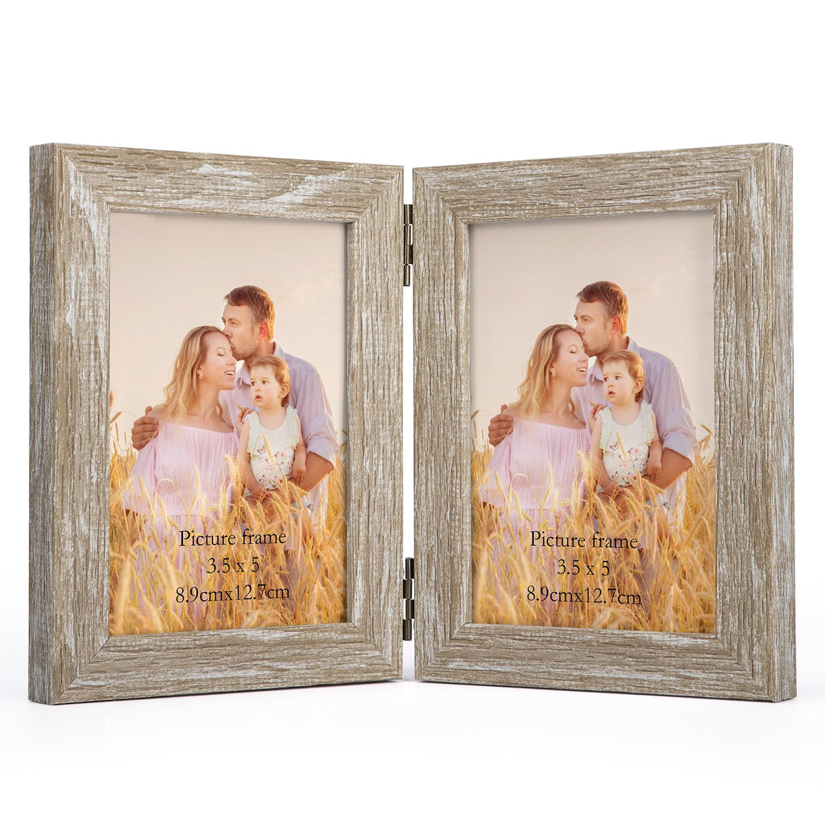Lyeasw 3.5x5 Picture Frame Double Hinged, Classic Two Opening 3.5 by 5 Family Dual Photo Frame with Glass, Black Folding Free-Standing Vertical Frame for Tabletop,Desktop or Shelf