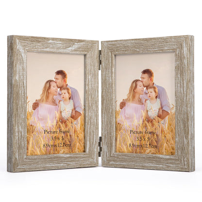 Lyeasw 3.5x5 Picture Frame Double Hinged, Classic Two Opening 3.5 by 5 Family Dual Photo Frame with Glass, Black Folding Free-Standing Vertical Frame for Tabletop,Desktop or Shelf