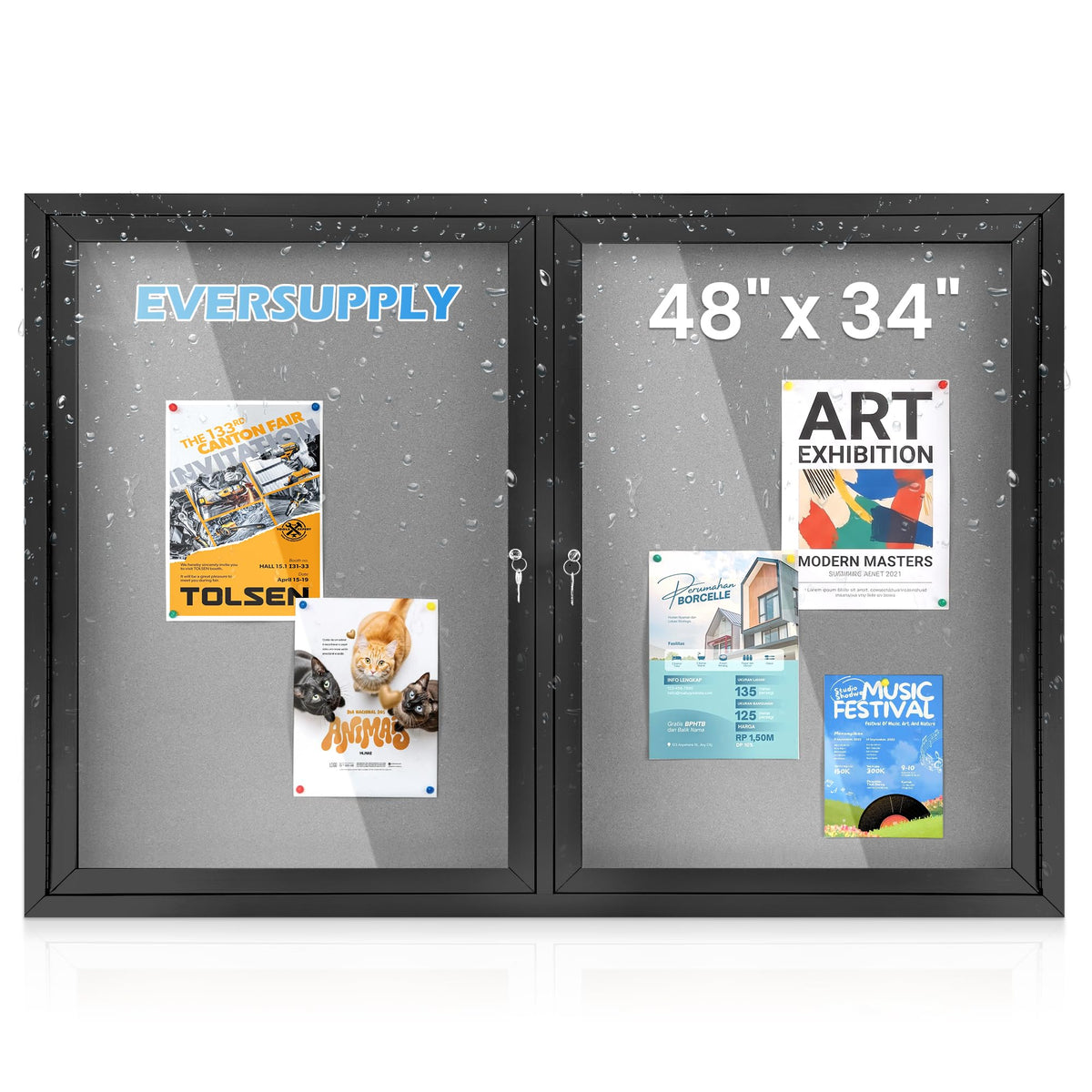 36x24 in Outdoor Bulletin Board Enclosed Display Case, Grey Felt & Black
