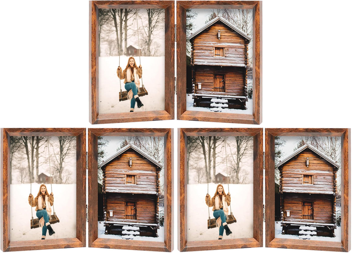 TOFOREVO 4x6 Double Picture Frame Rustic Brown Wooden Hinged Beveled Photo Frame Definition Glass 2 Vertical Openings Stand on Desktop Tabletop