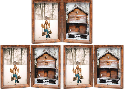 TOFOREVO 4x6 Double Picture Frame Rustic Brown Wooden Hinged Beveled Photo Frame Definition Glass 2 Vertical Openings Stand on Desktop Tabletop