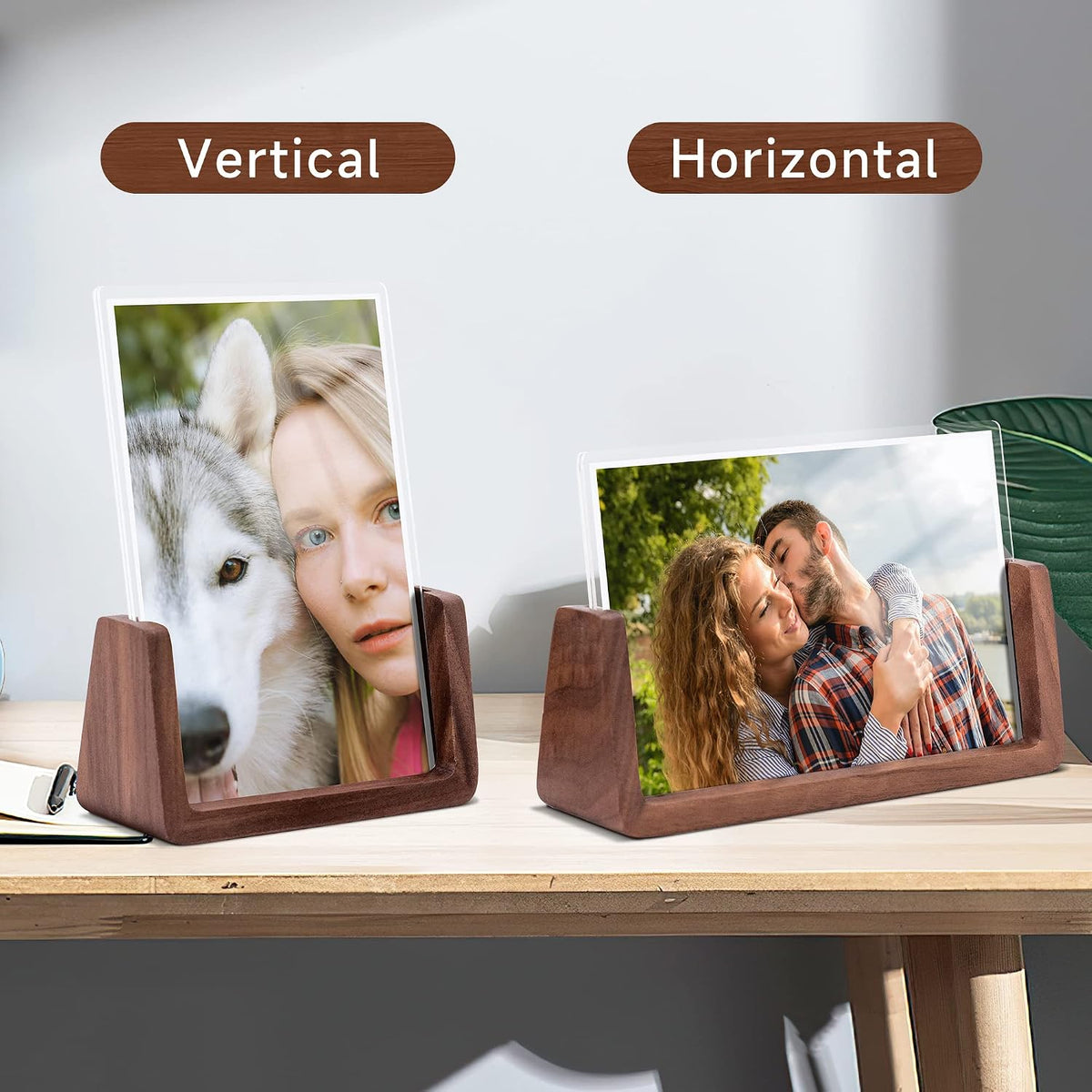 4x6 Picture Frame - 2 Pack, Rustic Wooden Photo Frame with Walnut Wood Base and High Definition Acrylic Glass Covers for Tabletop or Desktop Display (4x6 inch, Horizontal + Vertical)