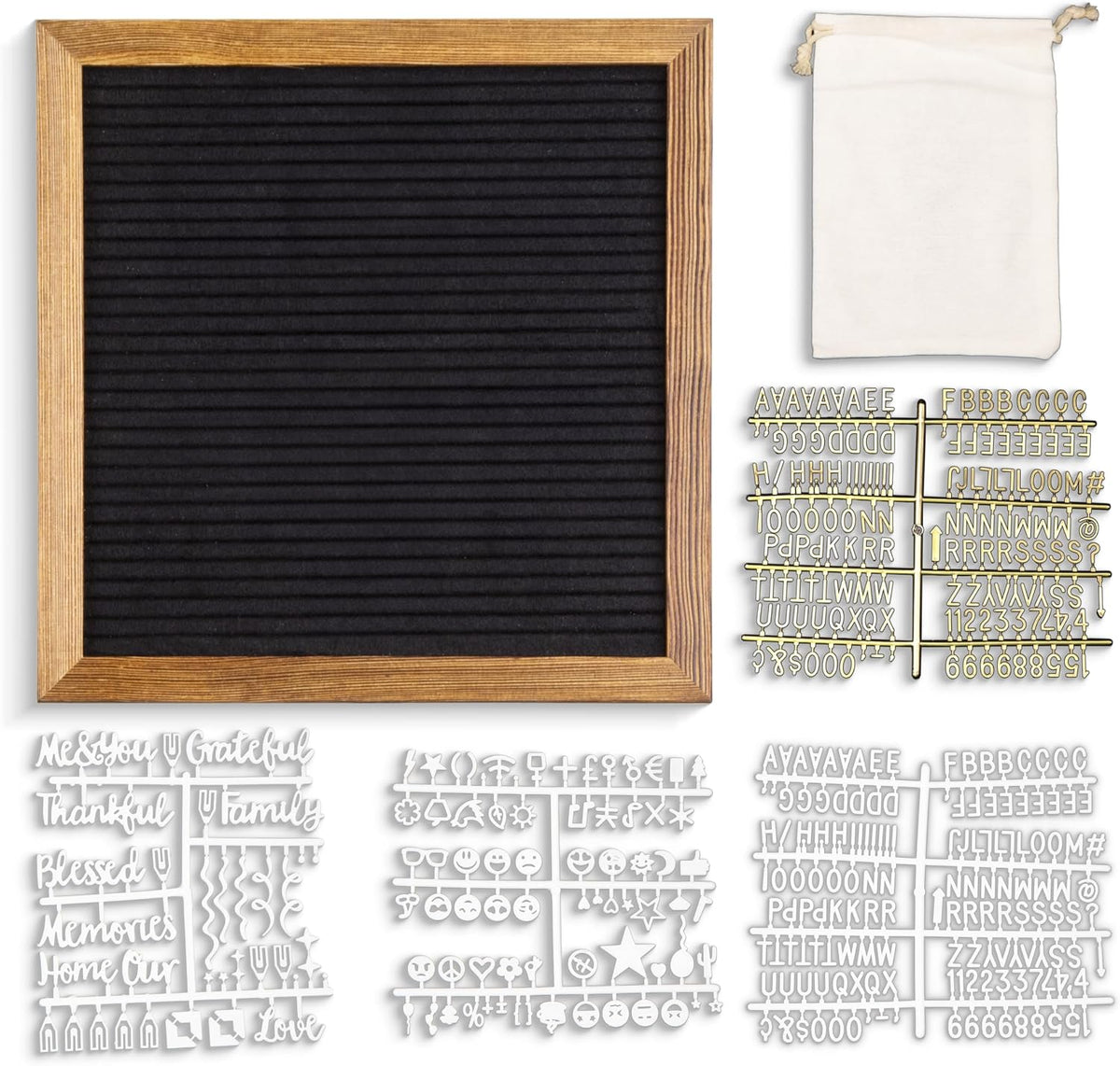 Real Wood Framed Felt Letter Board, Changeable Message Board, 10" x 10", Folding Stand and Wall Mount, 500+ Pieces of White & Gold Letters, Numbers, Words & Symbols, by Better Office Products (Rustic