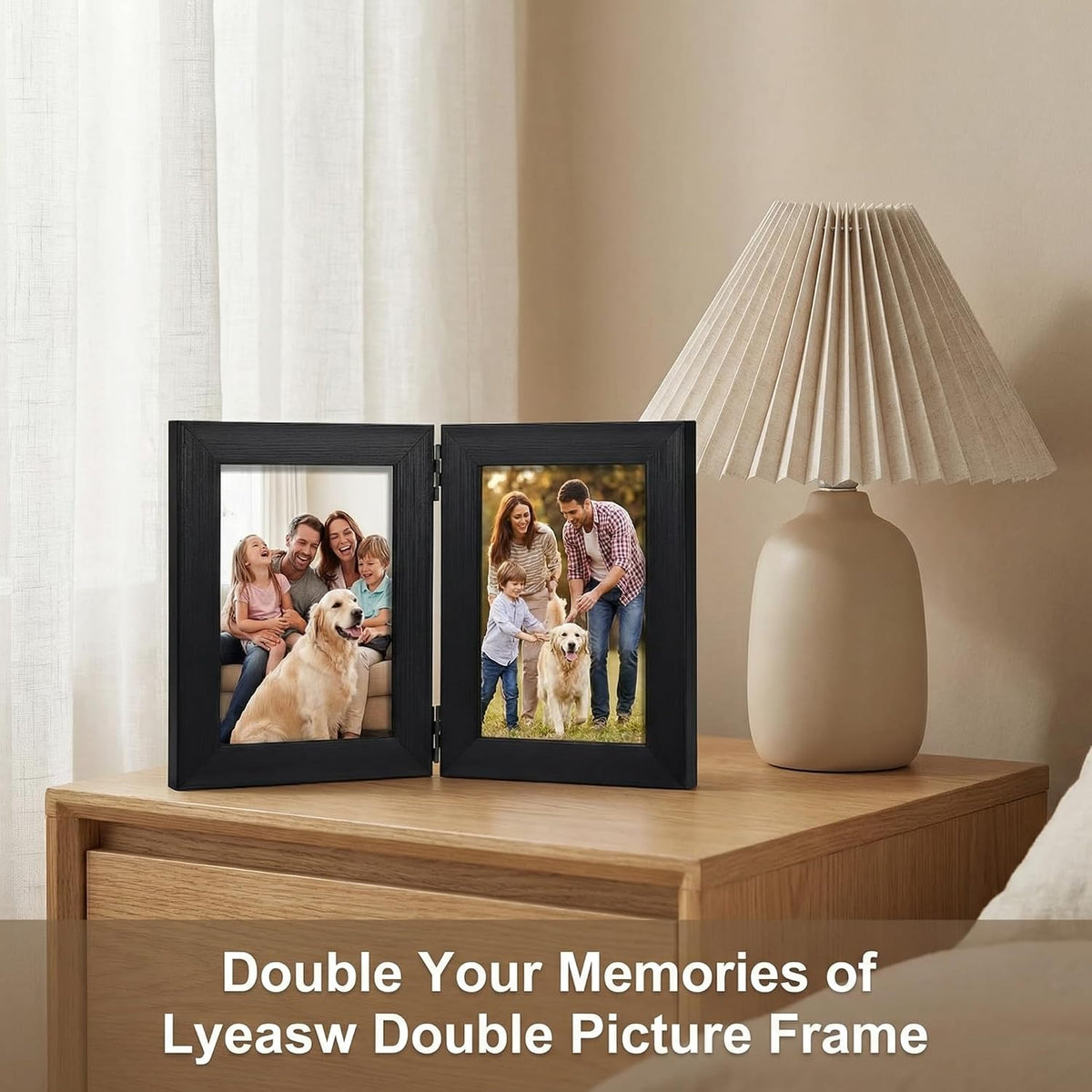 Lyeasw 3.5x5 Picture Frame Double Hinged, Classic Two Opening 3.5 by 5 Family Dual Photo Frame with Glass, Black Folding Free-Standing Vertical Frame for Tabletop,Desktop or Shelf