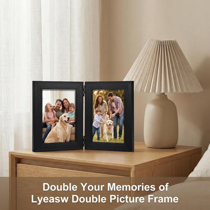 Lyeasw 3.5x5 Picture Frame Double Hinged, Classic Two Opening 3.5 by 5 Family Dual Photo Frame with Glass, Black Folding Free-Standing Vertical Frame for Tabletop,Desktop or Shelf
