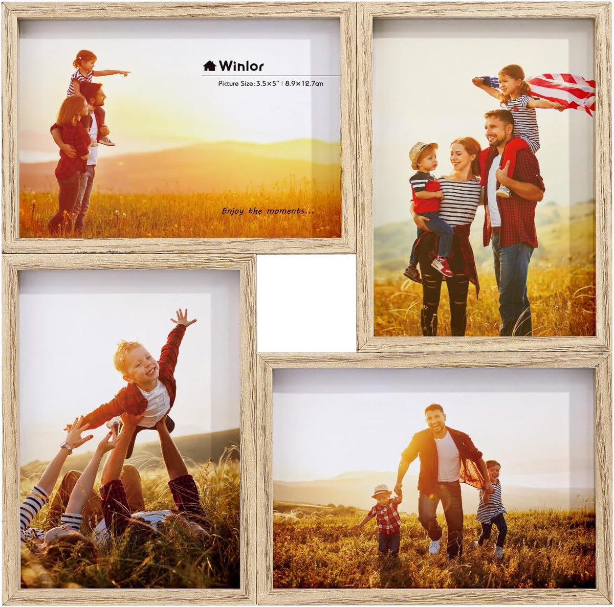 3.5x5 Collage Picture Frame 4 Openings, FSC Certified MDF Wood Family Photo Frame with HD Glass for Desktop & Wall Mount, Multi Picture Frames Set for Baby Nursery Room Decor, Natural