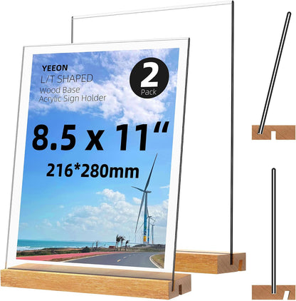 8.5x11 Inch Acrylic Sign Holder with Wooden Base, Desktop Display Stand (8.5x11 2Pack)