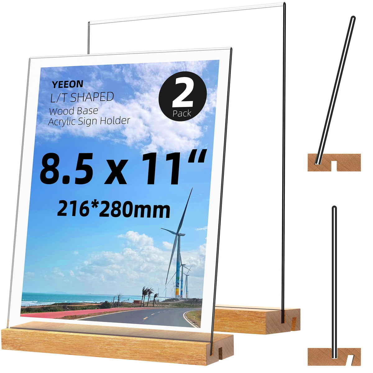 8.5x11 Inch Acrylic Sign Holder with Wooden Base, Desktop Display Stand (8.5x11 2Pack)