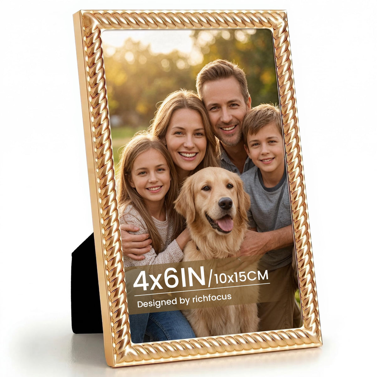 RICHFOCUS Zinc Alloy Gold Wave Design Picture Frame, 4x6 Metal Photo Frame with Mat for 3.5x5, Black Velvet Back & Real Glass Front, Display for Desktop & Wall Hanging Vertically or Horizontally