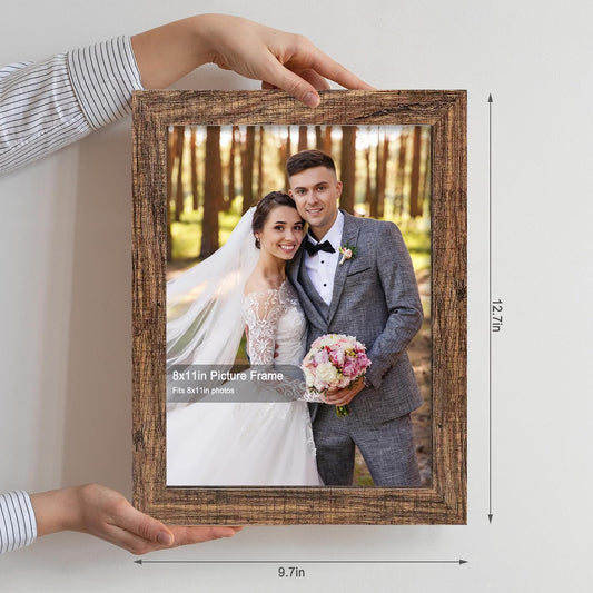 Hongkee 8x11 Picture Frame Set of 2, Real Glass, Rustic Brown Wood Frame