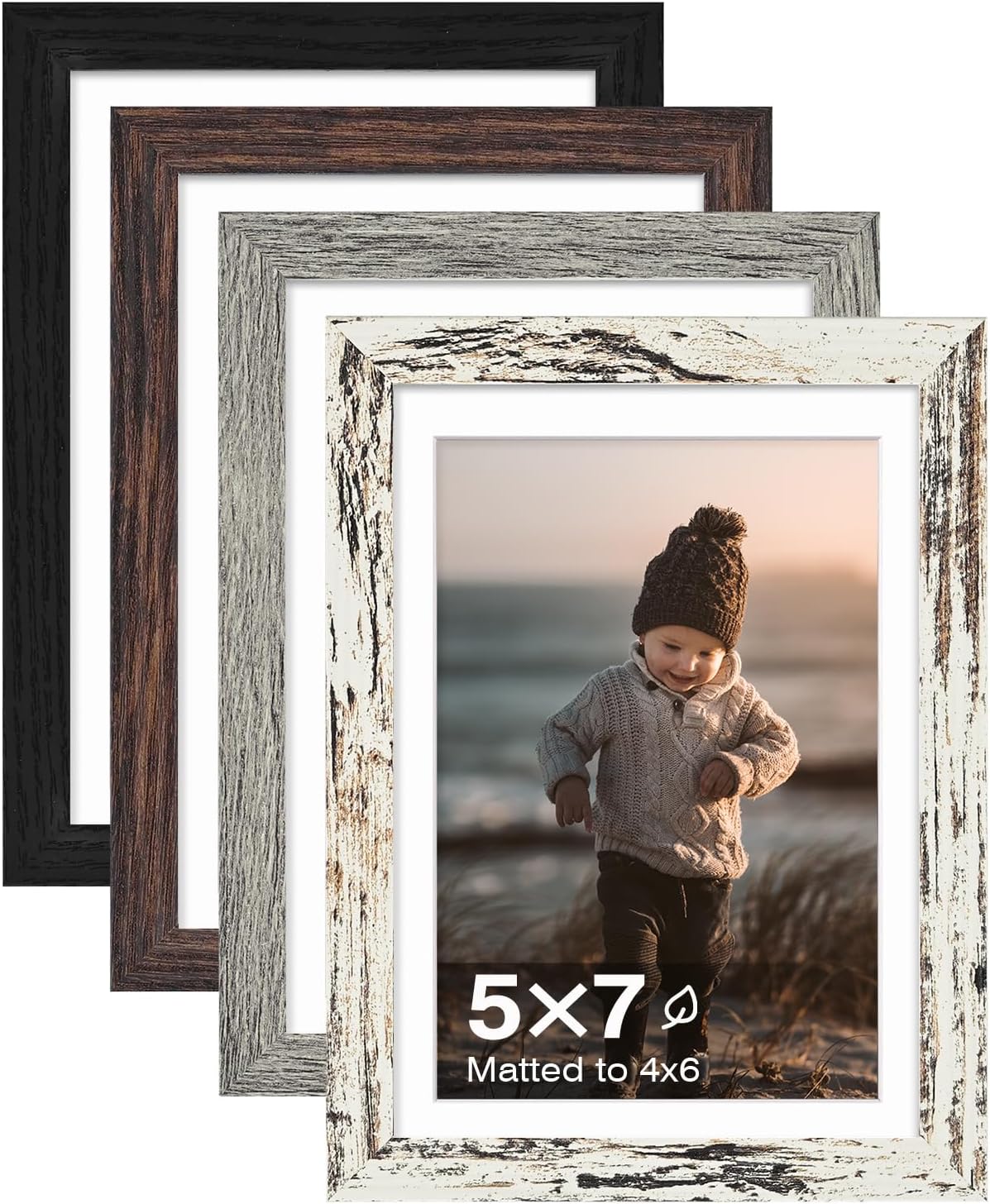 KINLINK 5x7 Picture Frames, Mix Color Photo Frames with Plexiglass for Picture 4x6 with Mat or 5x7 without Mat, Composite Wood Picture Frames for Table Top and Wall Mounting, Set of 4
