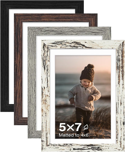 KINLINK 5x7 Picture Frames, Mix Color Photo Frames with Plexiglass for Picture 4x6 with Mat or 5x7 without Mat, Composite Wood Picture Frames for Table Top and Wall Mounting, Set of 4