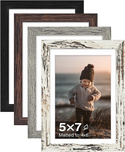 KINLINK 5x7 Picture Frames, Mix Color Photo Frames with Plexiglass for Picture 4x6 with Mat or 5x7 without Mat, Composite Wood Picture Frames for Table Top and Wall Mounting, Set of 4