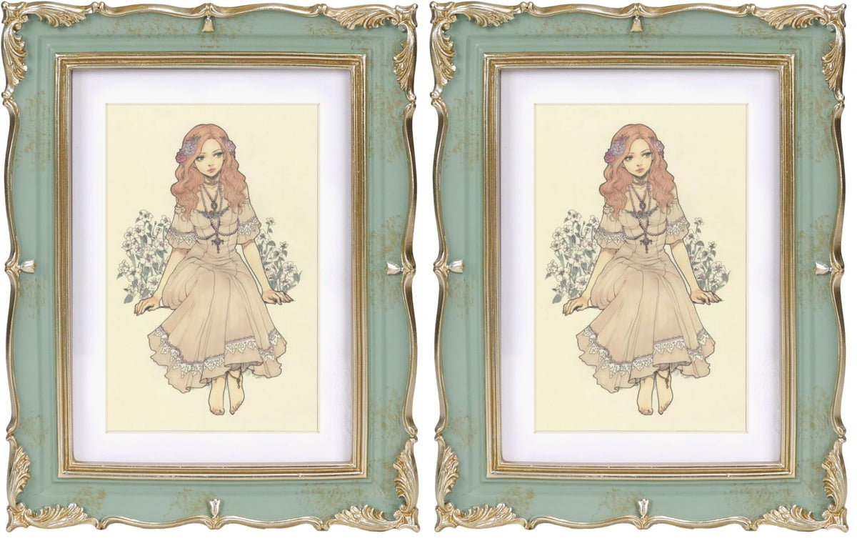 PHAREGE Vintage Picture Frame with Mat for 5x7 Photo, Retro Green Gold