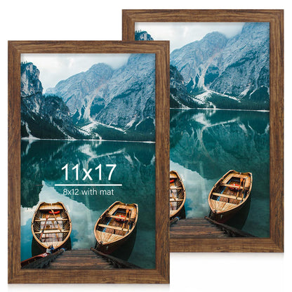 Hongkee 8x11 Picture Frame Set of 2, Real Glass, Rustic Brown Wood Frame