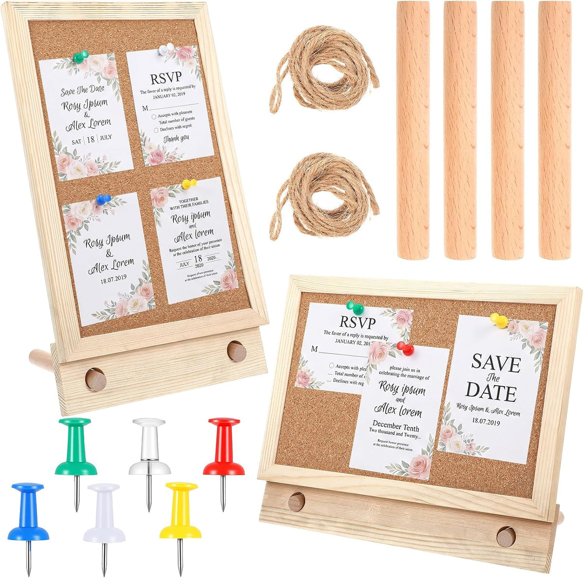 2 Pcs Wood Frame Bulletin Board, Desktop Cork Board with 12 Push Pins