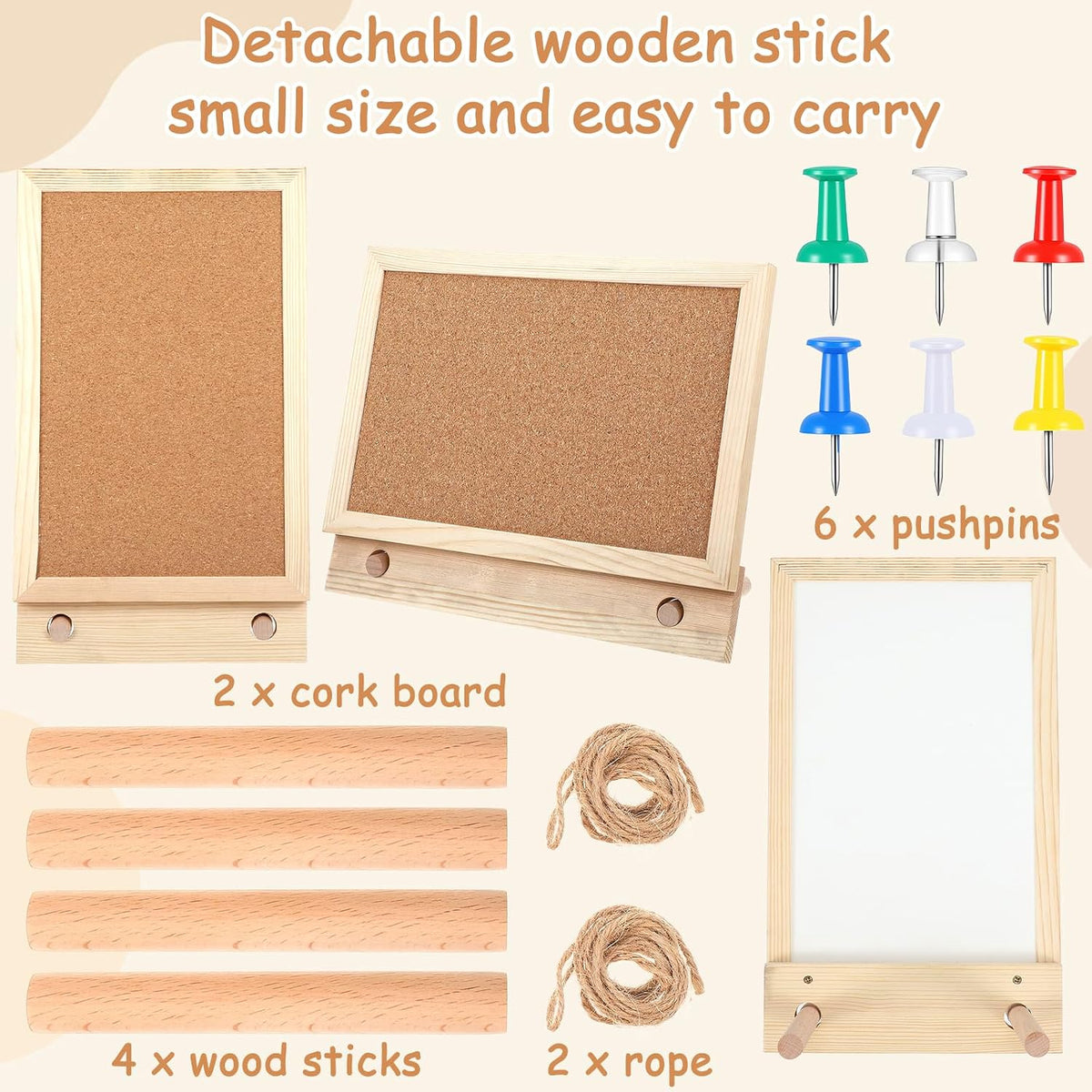 2 Pcs Wood Frame Bulletin Board, Desktop Cork Board with 12 Push Pins