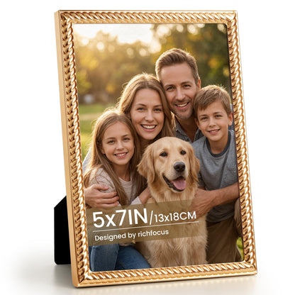 RICHFOCUS Zinc Alloy Gold Wave Design Picture Frame, 4x6 Metal Photo Frame with Mat for 3.5x5, Black Velvet Back & Real Glass Front, Display for Desktop & Wall Hanging Vertically or Horizontally